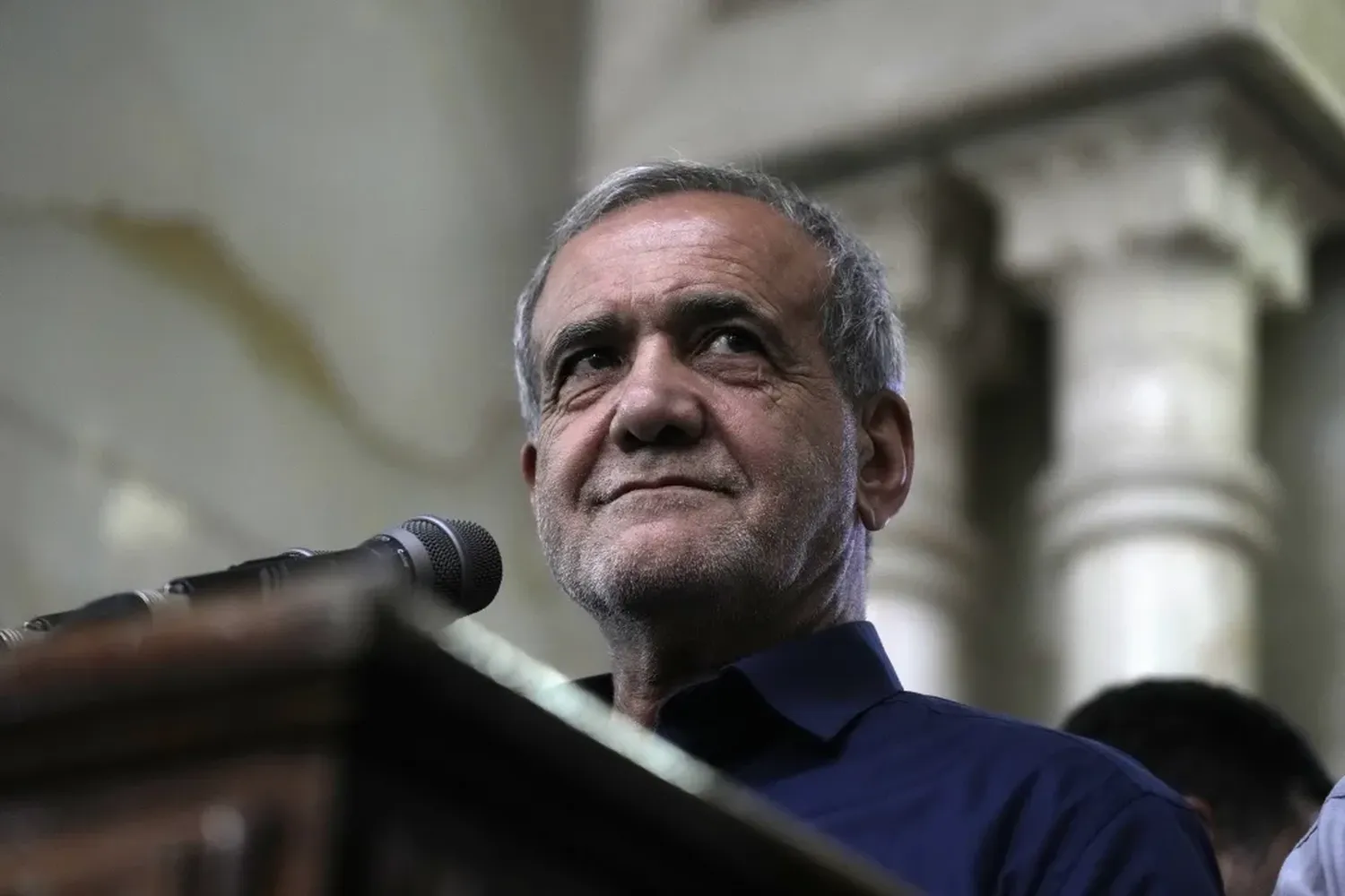 Iran's President-elect Masoud Pezeshkian speaks at the shrine of the late revolutionary founder Ayatollah Khomeini, just outside Tehran, on July 6, 2024