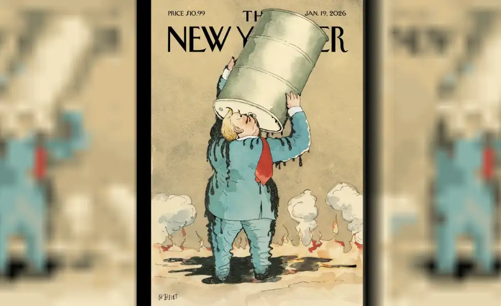 La ilustración, titulada "Guzzler" (Tragón), muestra al presidente Donald Trump bebiendo petróleo directamente de un barril.