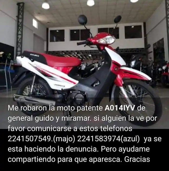 Robaron la moto de una bombera voluntaria en Guido y Miramar