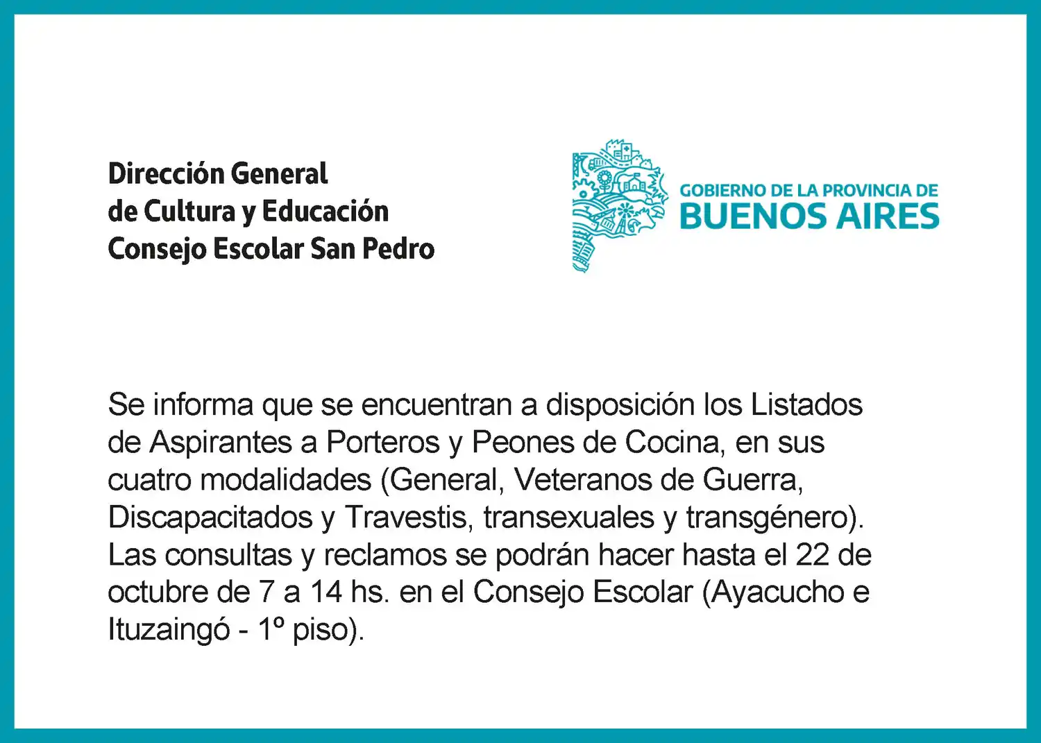 Listados disponibles para aspirantes a portero y peón de cocina