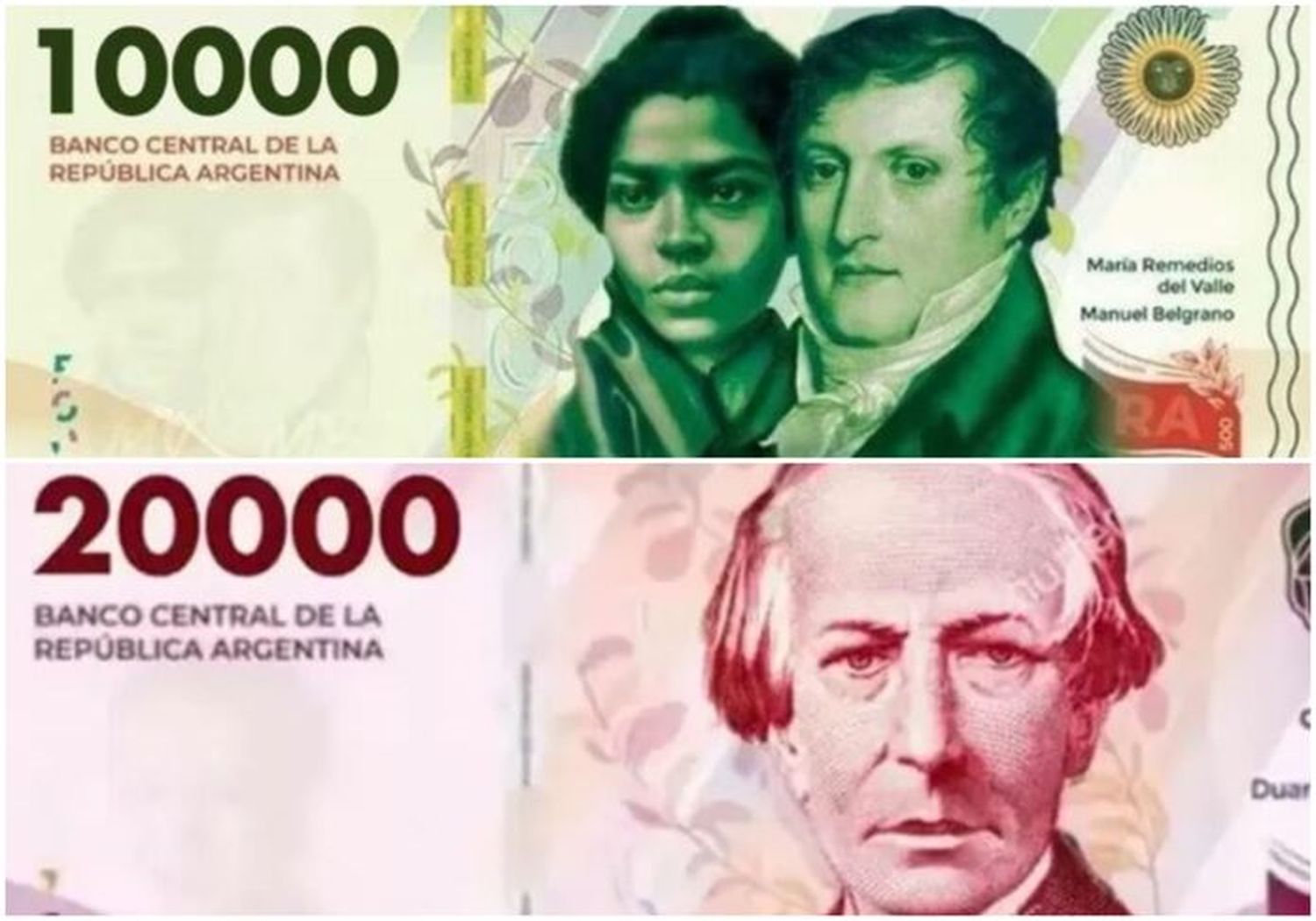 Los billetes de $10.000 y $20.000 que comenzarán a circular este año.