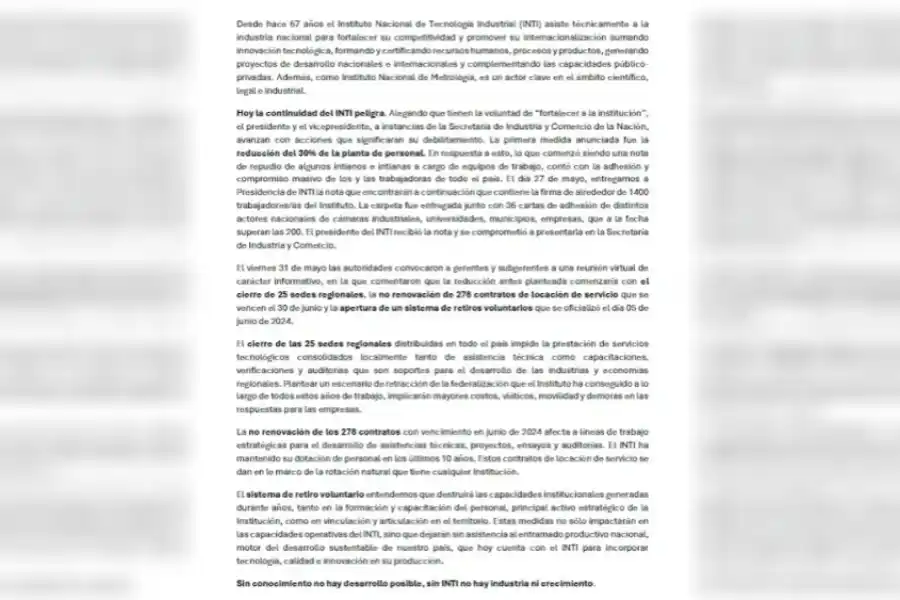 Carta del INTI presentada a autoridades
