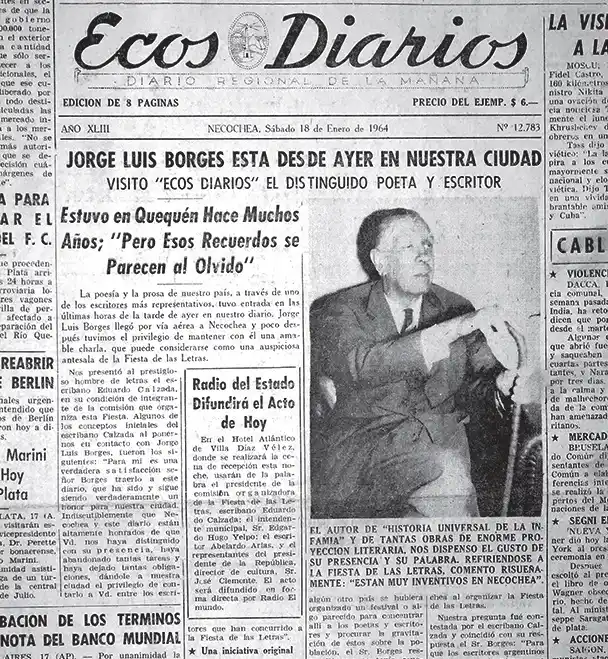 Portada. De Ecos Diarios del 18 de enero de 1964, testimoniando la visita de Jorge Luis Borges a nuestra casa
