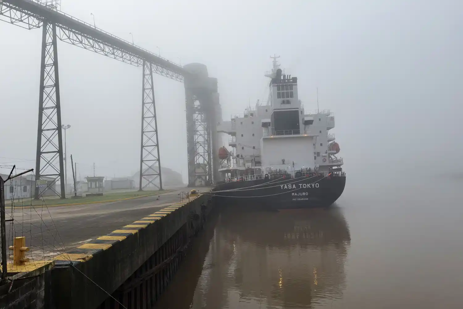 El buque Yasa Tokyo en el muelle, en medio de la niebla matinal en el riacho.