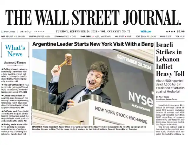 El The Wall Street Journal llevó a la portada a Milei tras su paso por la Bolsa de Nueva York