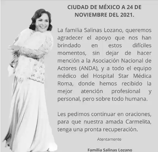 La familia de Carmen Salinas pide continuar las oraciones. Foto Instagram