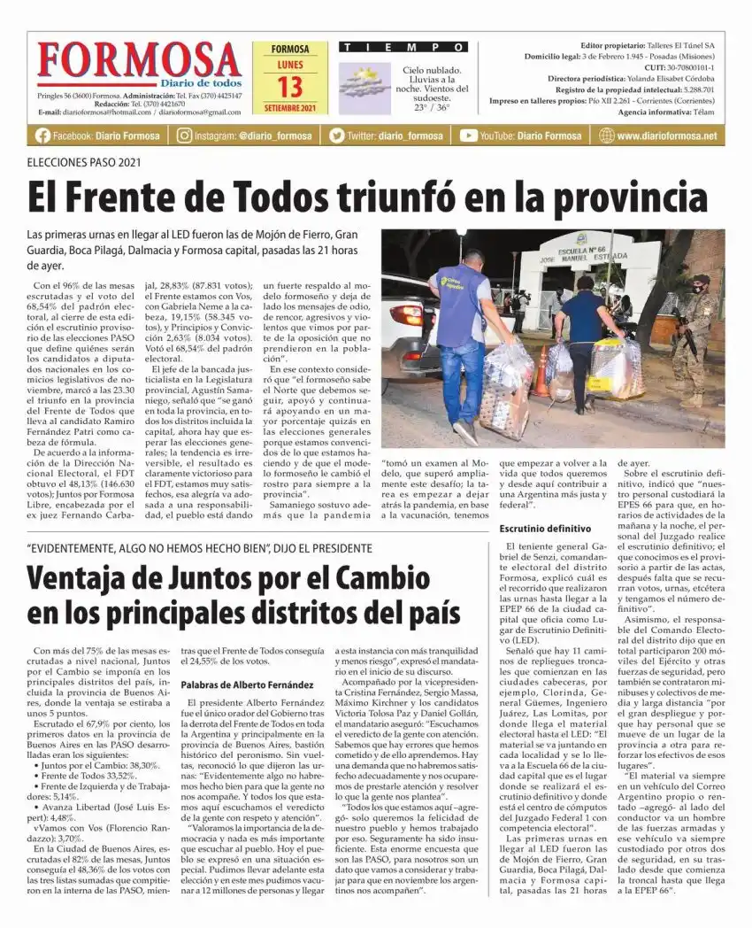 Tapa y Contratapa 13 de septiembre de 2021