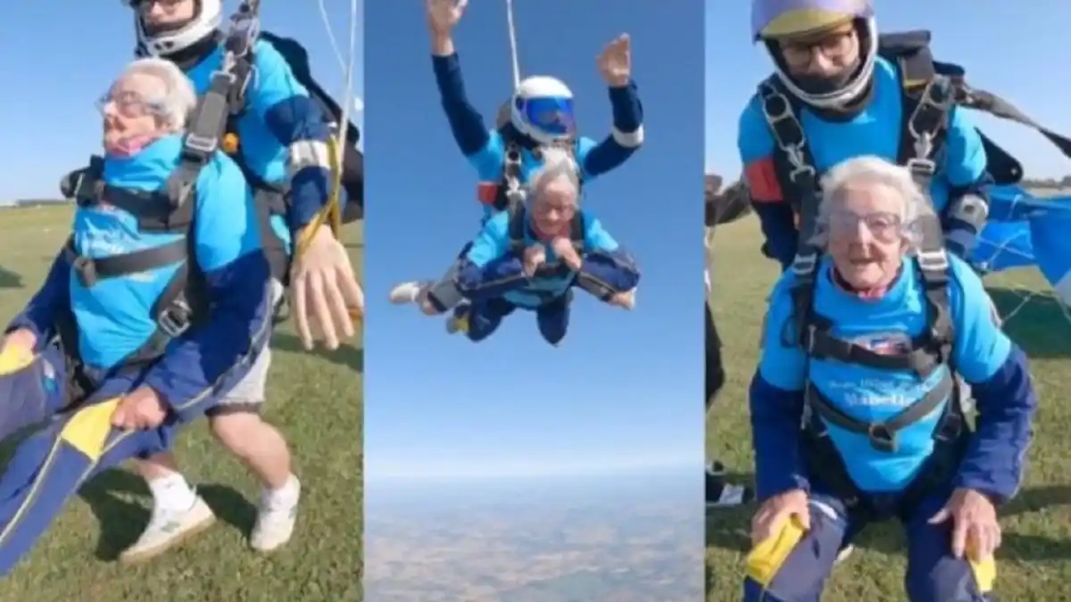 ¡VAYA FORMA DE CELEBRAR! Abuela llegó a los 102 años y se lanzó en paracaídas para cumplir un sueño