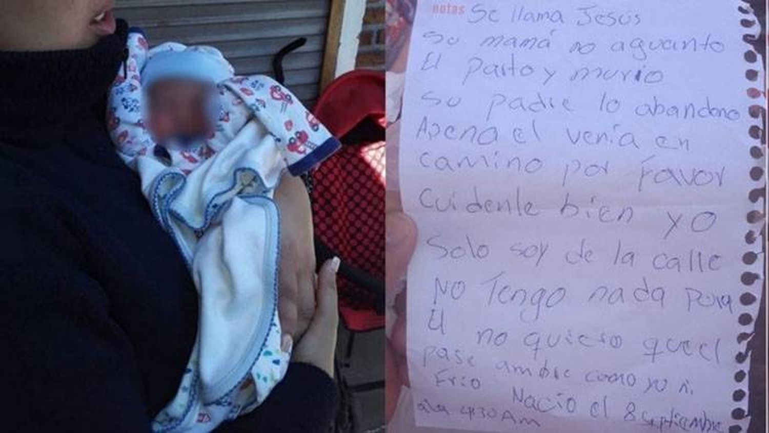 Abandonaron a un bebé dentro de una bolsa y dejaron una carta