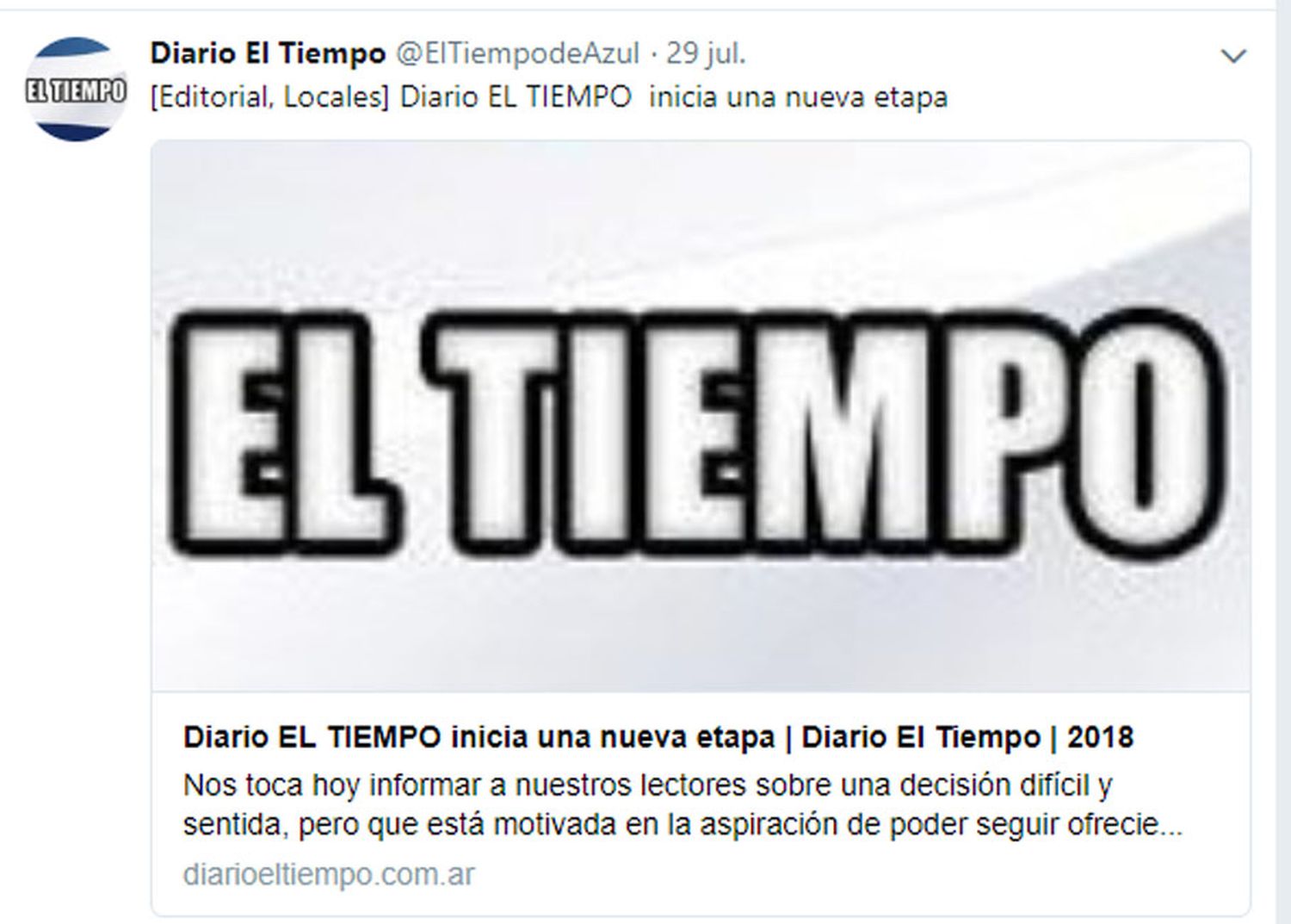 El Diario El Tiempo de Azul dejará de publicarse en papel los días lunes y jueves
