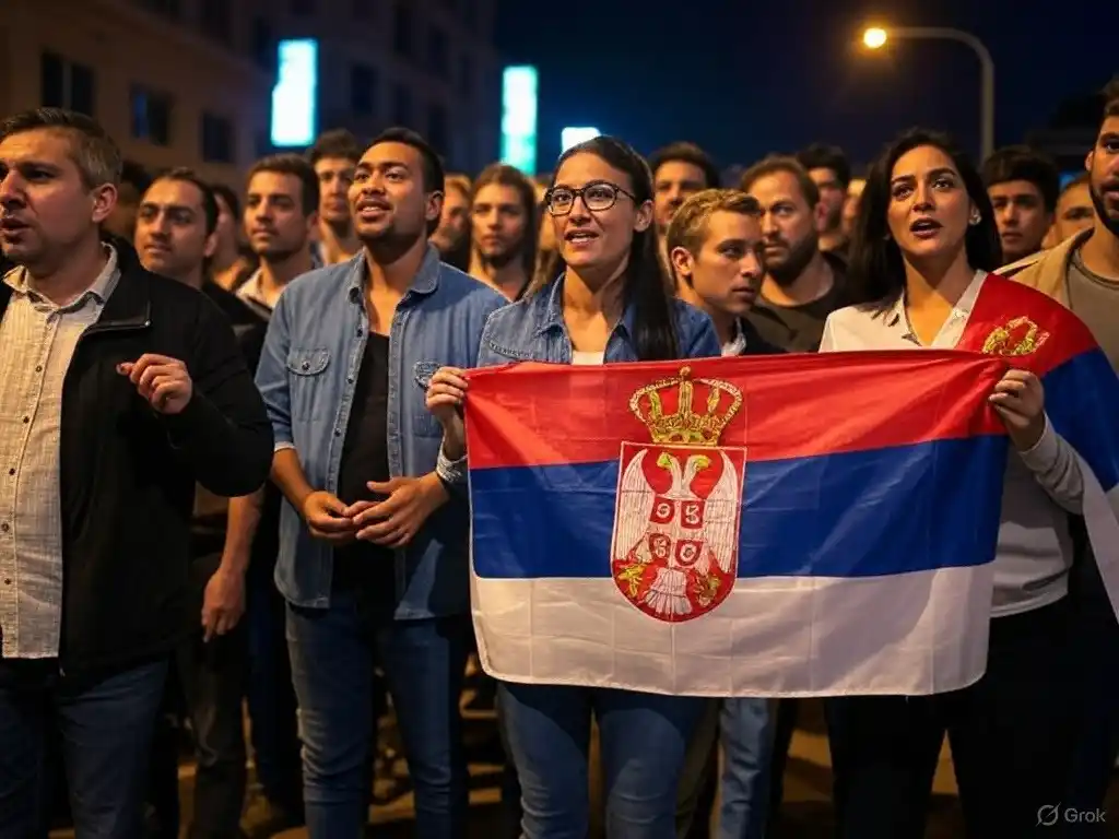Protesta. Miles de manifestantes contra el presidente Vucic. Imagen generada por IA
