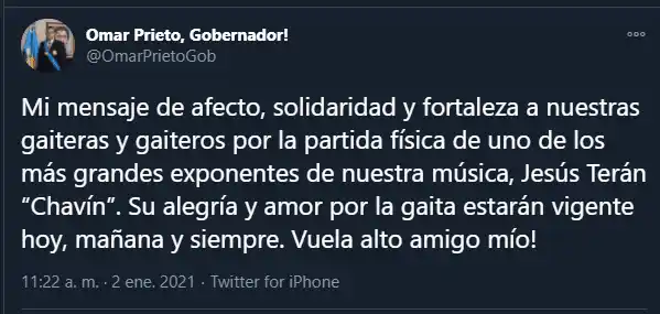 El gobernador del Zulia lamentó la muerte de Chavín. Foto: Twitter
