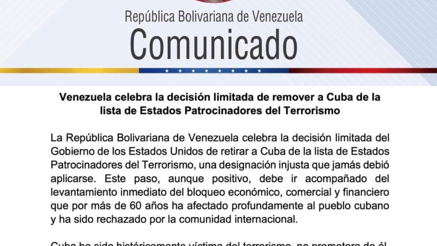 Venezuela aplaude que EE.UU. sacó a Cuba de la LISTA NEGRA (+Comunicado)