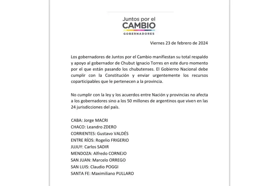 El  comunicado de los gobernadores de Juntos por el Cambio