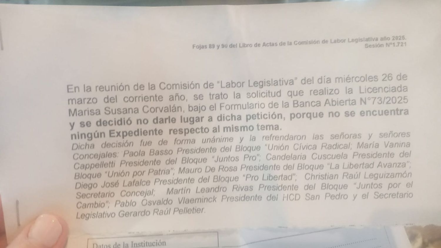 Nota de la Comisión de Labor Legislativa