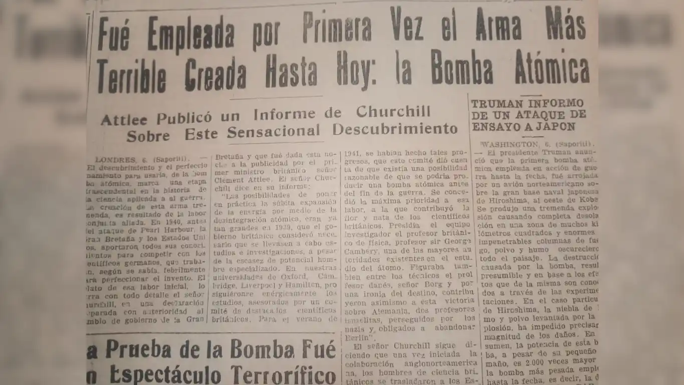 El titular de este diario sobre el lanzamiento de la bomba atómica sobre Hiroshima