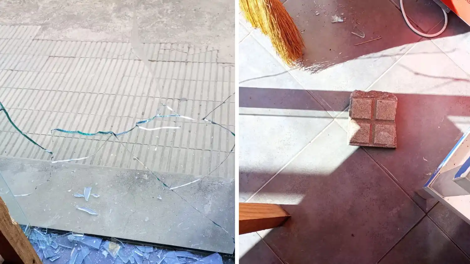 La vidriera dañada y el trozo de baldosa empleado. La misma despensa sufrió un robo el año pasado.