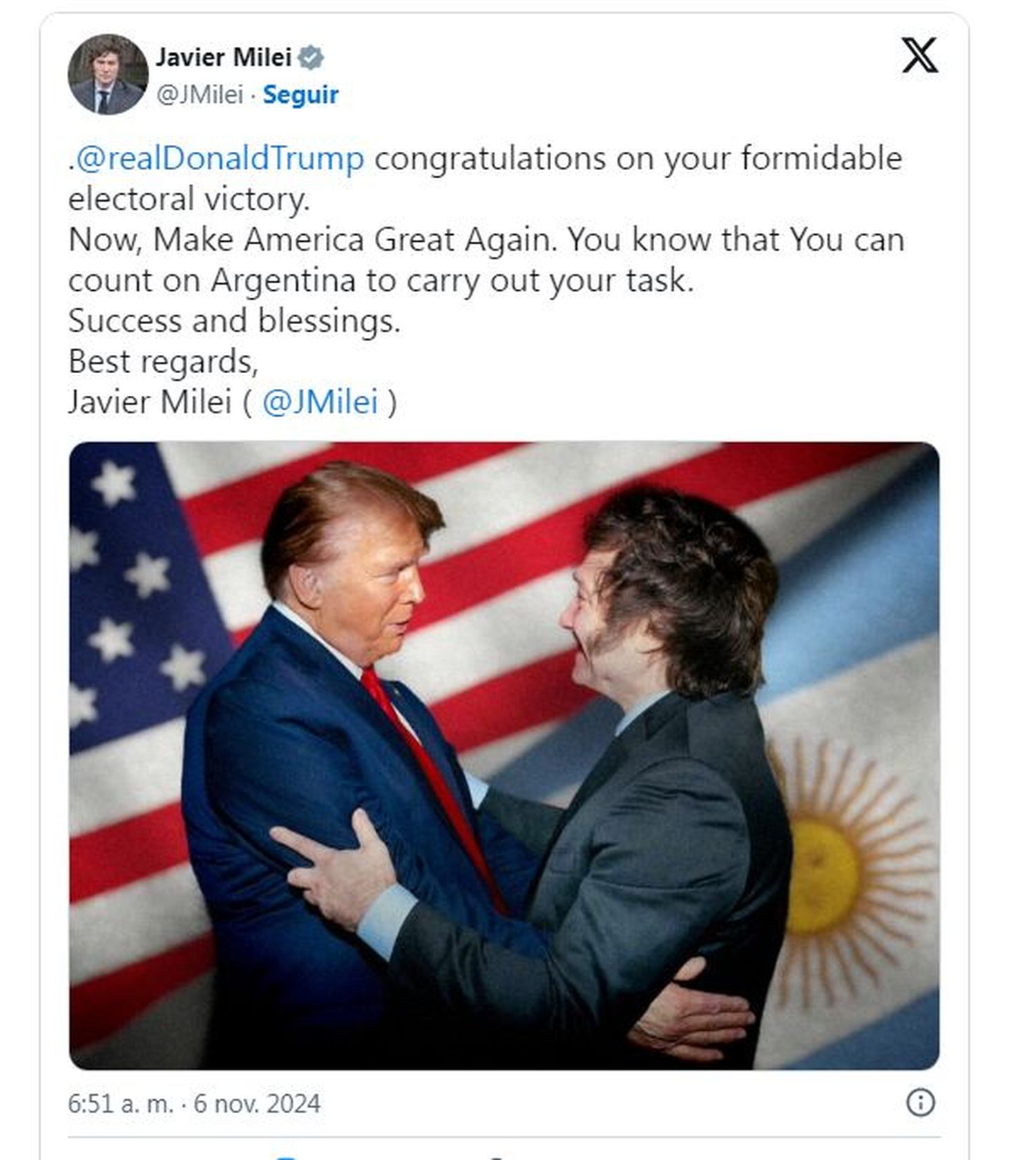 Javier Milei felicitó a Donald Trump: “Contá con Argentina para llevar a cabo tu tarea”