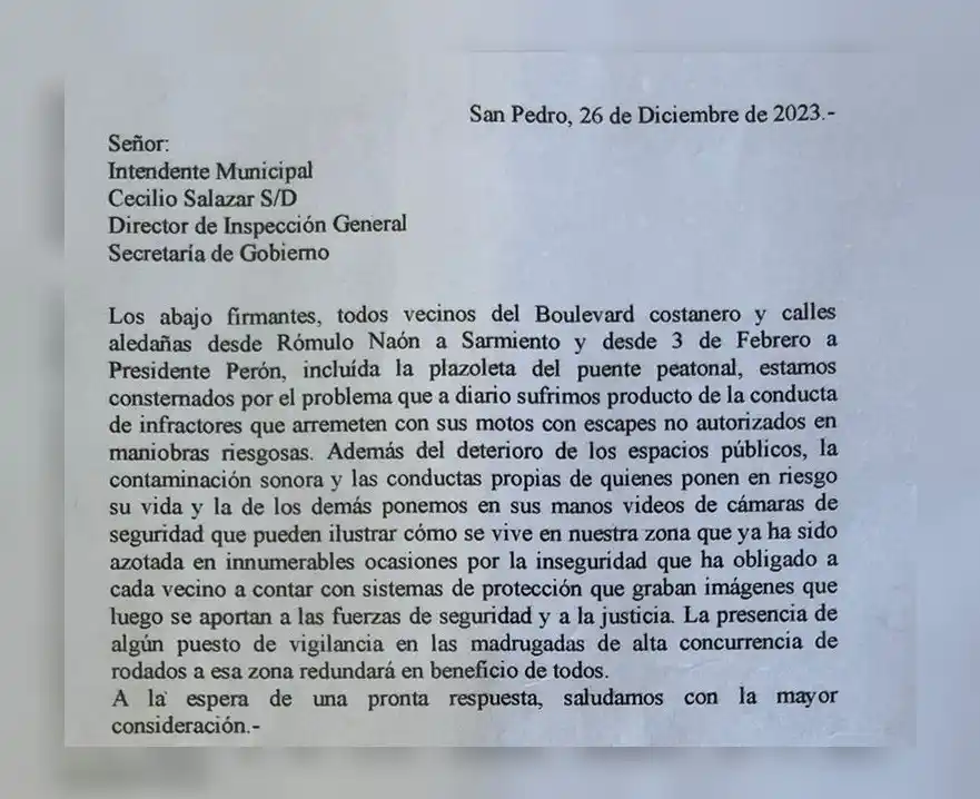 El petitorio entregado el 29 de diciembre de 2023 por los vecinos.
