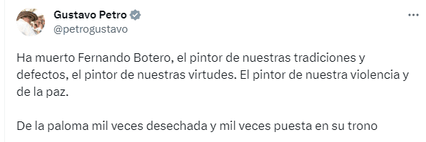El presidente colombiano Gustavo Petro dio las condolencias a la familia de Fernando Botero. Foto X