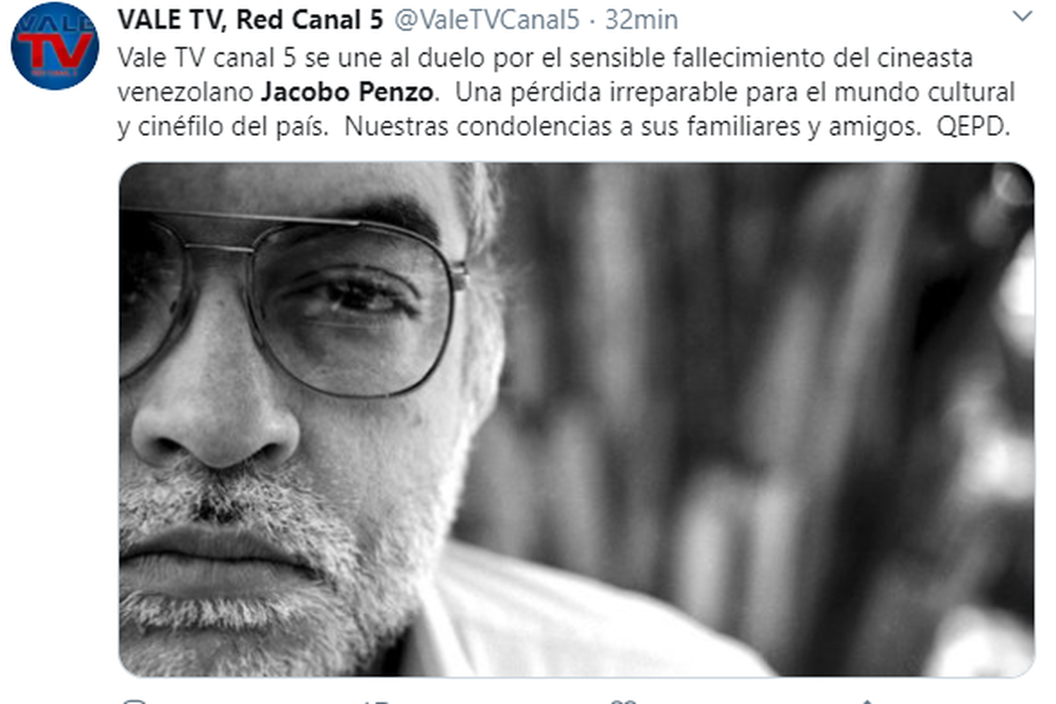 El canal Vale TV se unió al duelo por la partida de Jacobo Penzo. Foto Twitter