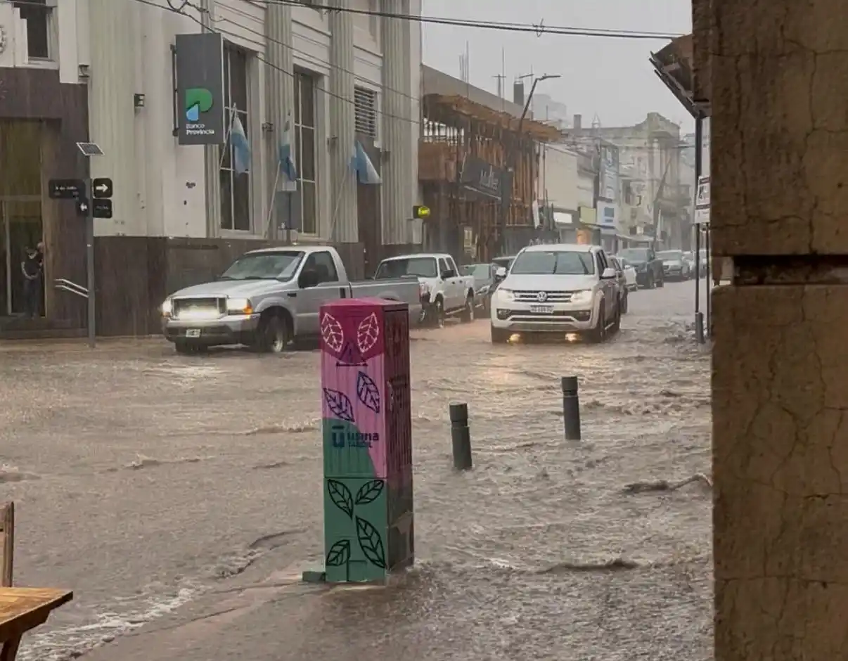 Desbordes en el centro, donde el agua llegó a cubrir las veredas.