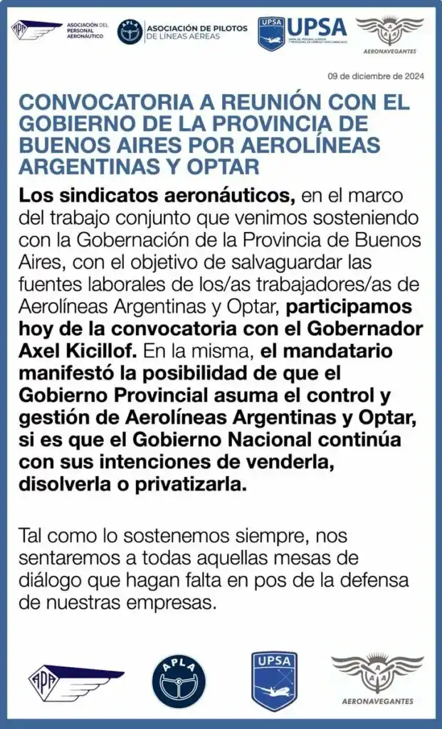 El comunicado de los gremialistas.