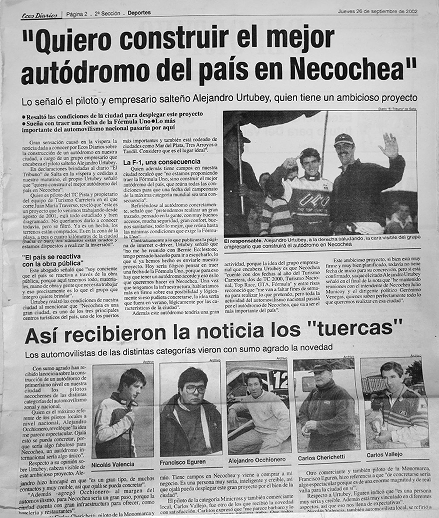 En 2002. Página de Ecos Diarios anunciando la idea de Alejandro Urtubey de construir un autódromo