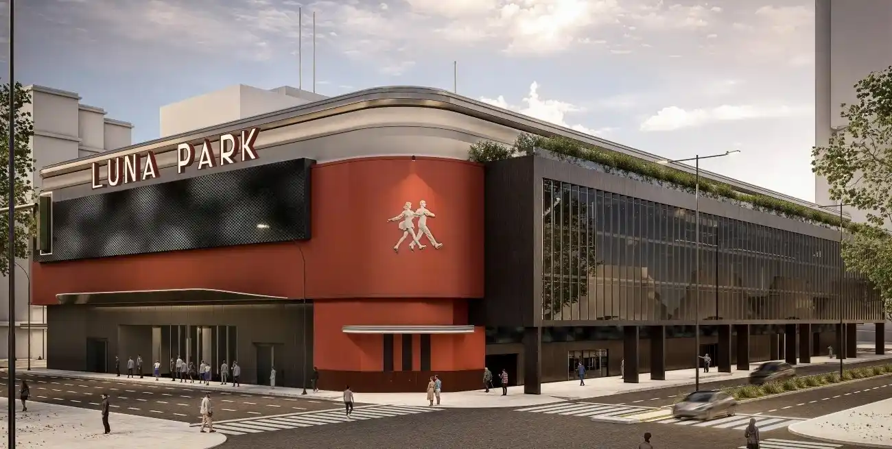 Maqueta digital presentada por los promotores y desarrolladores de venues; en la misma se puede apreciar el rescate de elementos característicos del histórico Luna Park, junto con materiales y espacios nuevos. Foto: Gentileza DF Entertainment