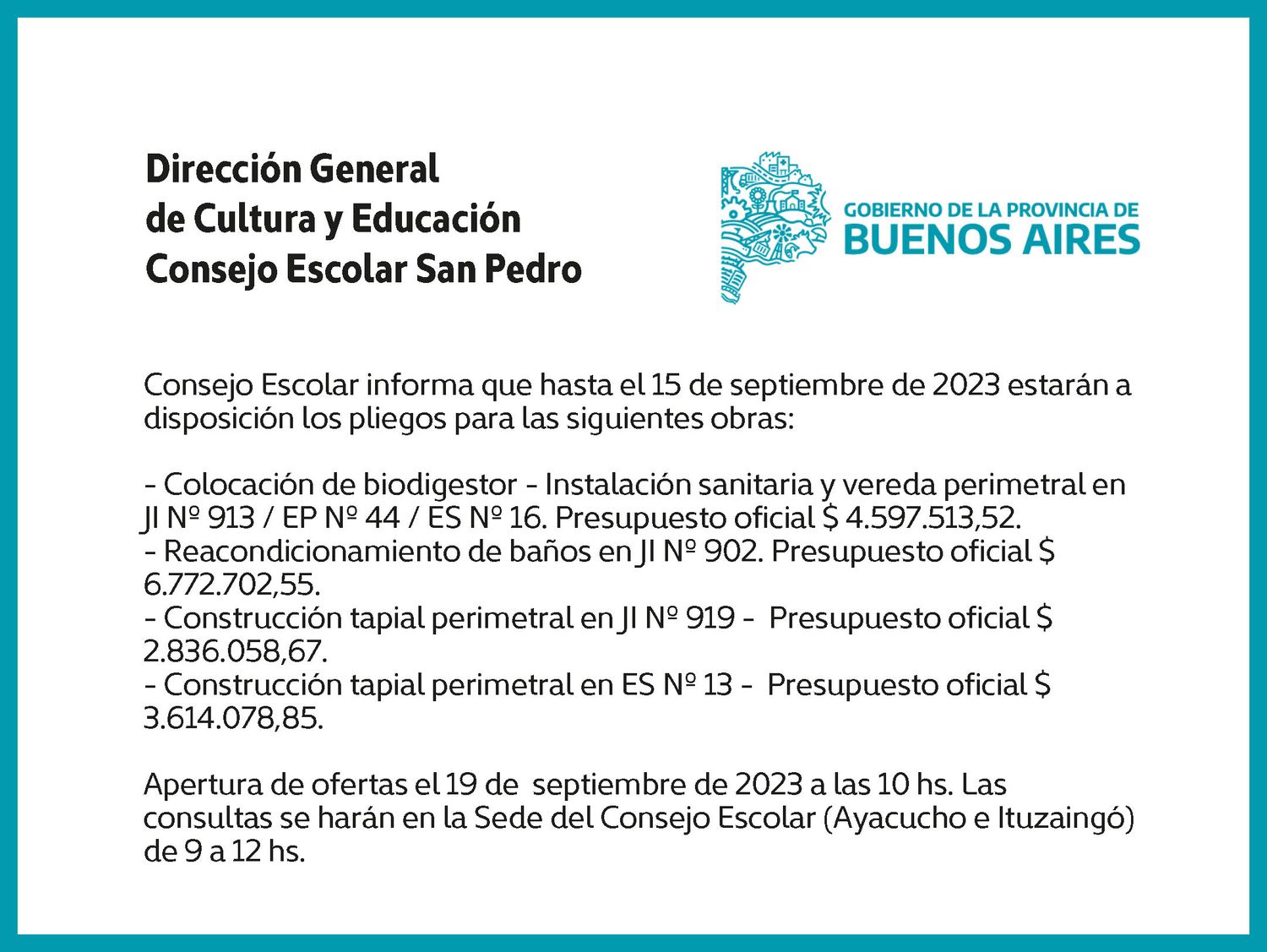 [Publicación Oficial] Consejo Escolar San Pedro: Pliegos para obras disponibles