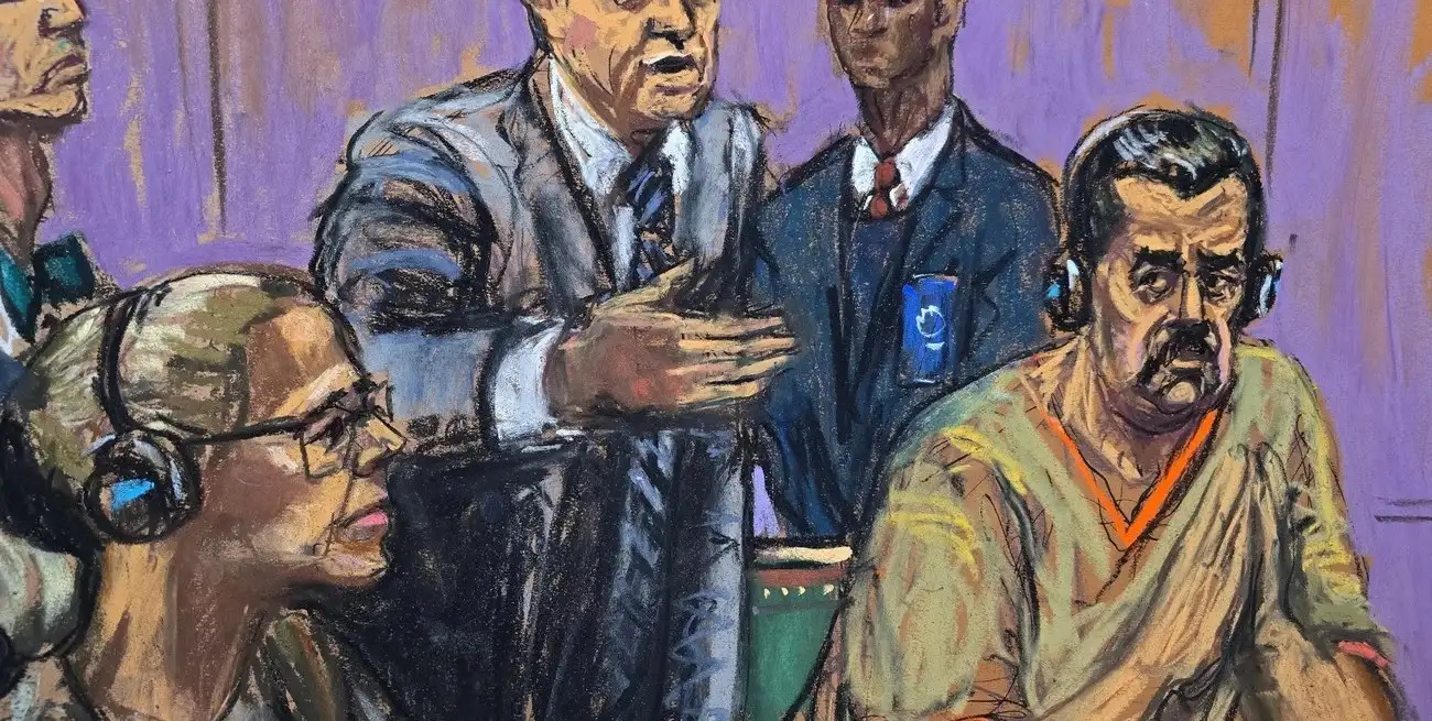 Boceto del expresidente venezolano Nicolás Maduro, junto a su esposa, Cilia Flores, acompañados por sus abogados Mark Donnelly y Barry Pollack, en la sala de audiencias en Nueva York. Crédito: REUTERS / Jane Rosenberg.