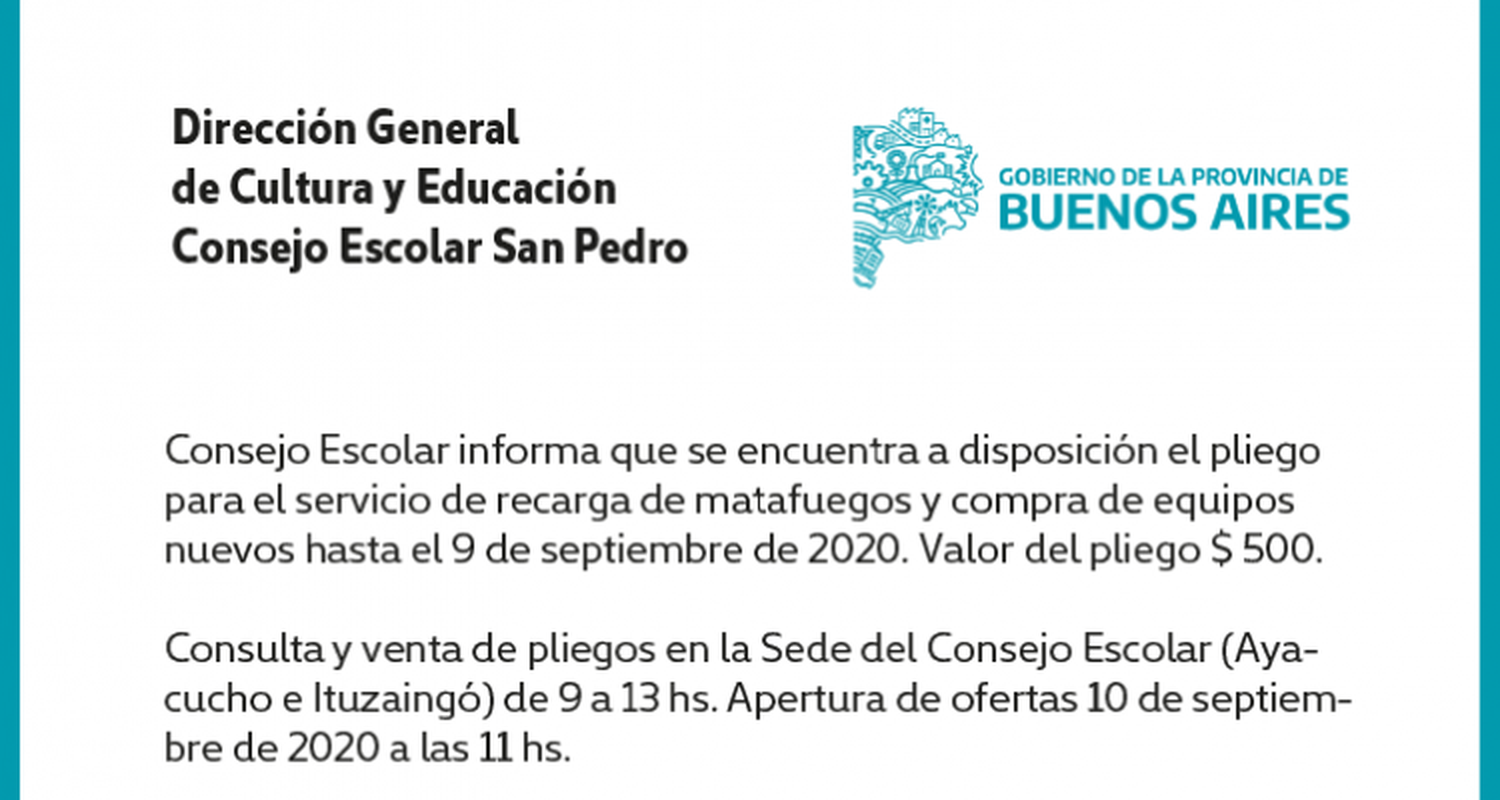 [Publicación Oficial] Consejo Escolar: Pliegos disponibles para el servicio de recarga y compra de matafuegos