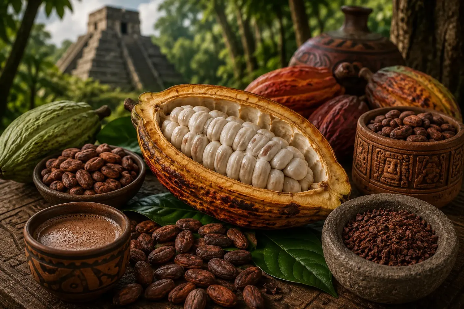 Representación del cacao en su estado natural, fruto clave de las culturas prehispánicas de América.