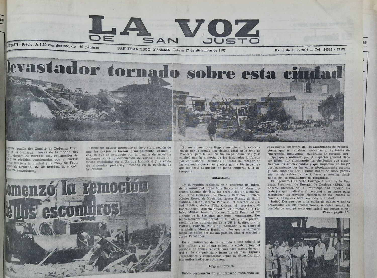 La tapa de LA VOZ DE SAN JUSTO reflejando lo ocurrido el 15 de diciembre de 1987