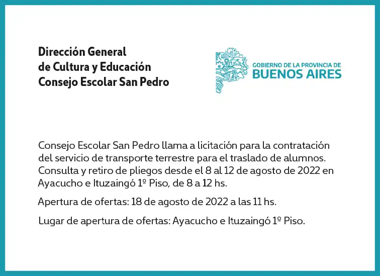 [Publicación Oficial] Consejo Escolar San Pedro: contratación del servicio de transporte