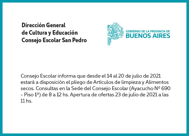 [Publicación Oficial] Informe Consejo Escolar: disponible el pliego de artículos de limpieza y alimentos secos