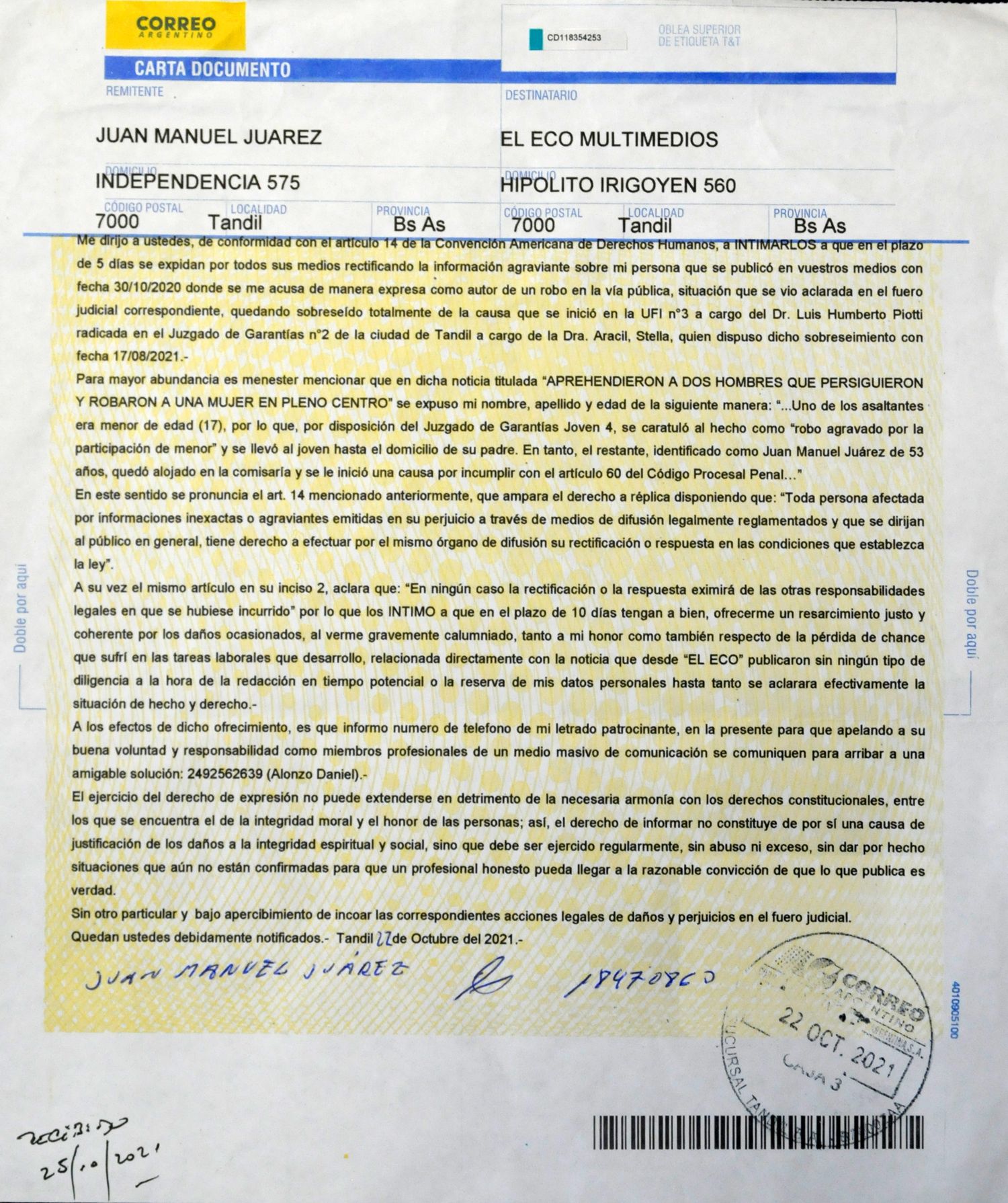 Respuesta a una carta documento