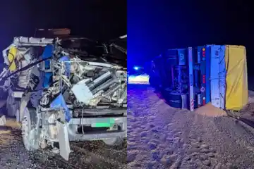 Fuerte choque entre camiones en la autopista Rosario-Córdoba: hay un chofer herido