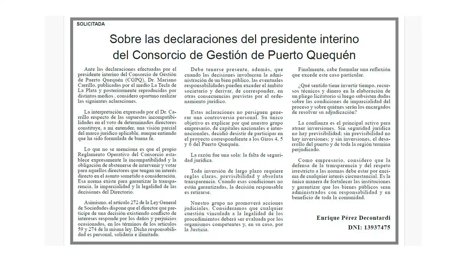 Sobre las declaraciones del presidente interino del Consorcio de Gestión de Puerto Quequén