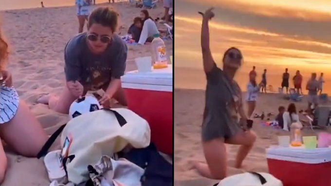 Video: harta del picadito en la playa, les pinchó la pelota con un cuchillo