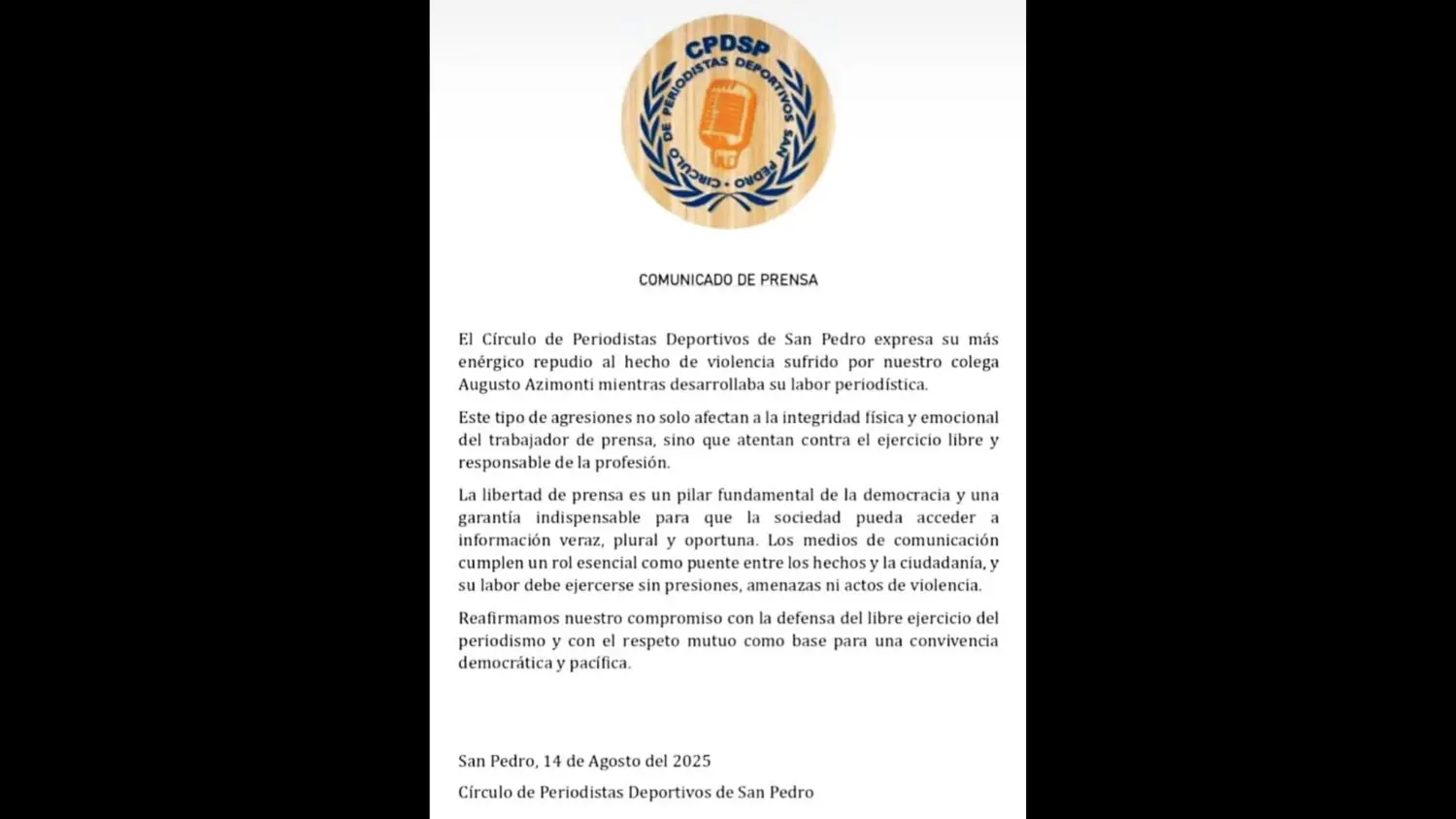 El comunicado del Círculo de Periodistas Deportivos de San Pedro.
