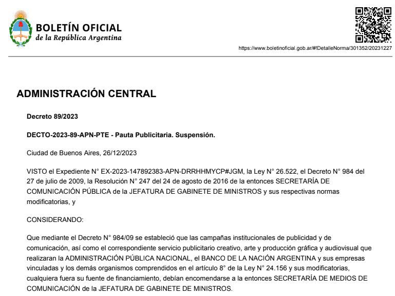 Oficializaron la suspensión de la pauta publicitaria nacional por un año