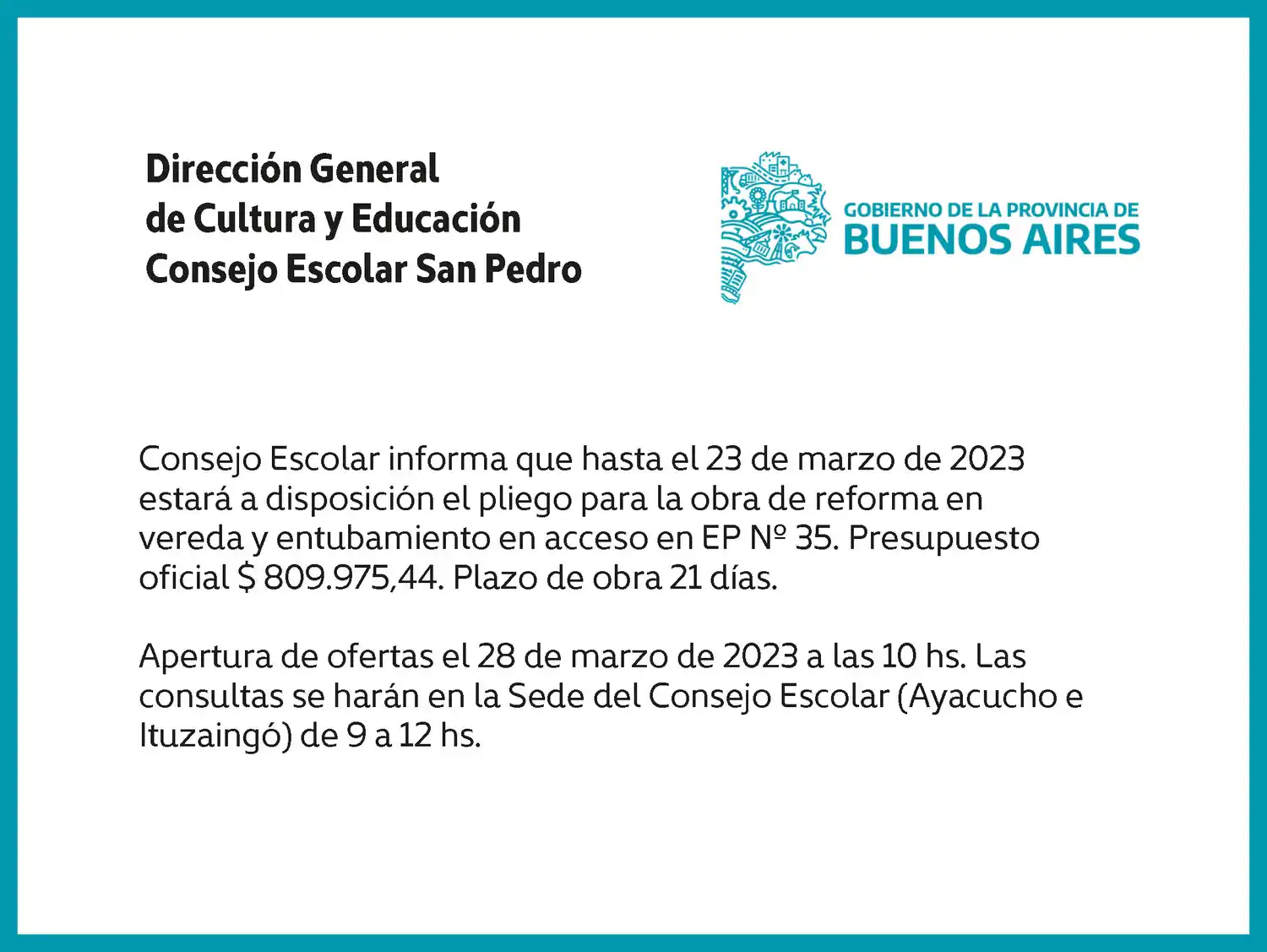 [Publicación Oficial] Consejo Escolar: Pliegos para obras en EP Nº 35