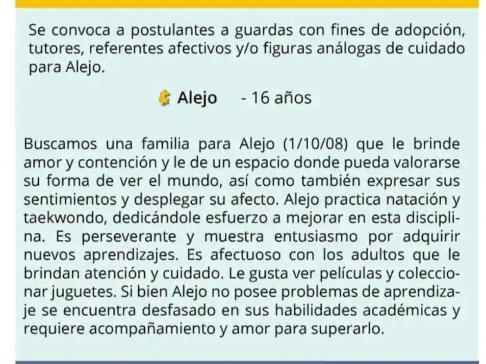 Un adolescente de 16 años espera a una familia que quiera adoptarlo. Los postulantes pueden hacer llegar sus datos.