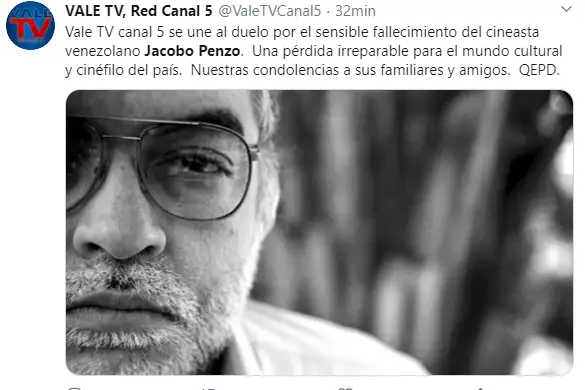 El canal Vale TV se unió al duelo por la partida de Jacobo Penzo. Foto Twitter