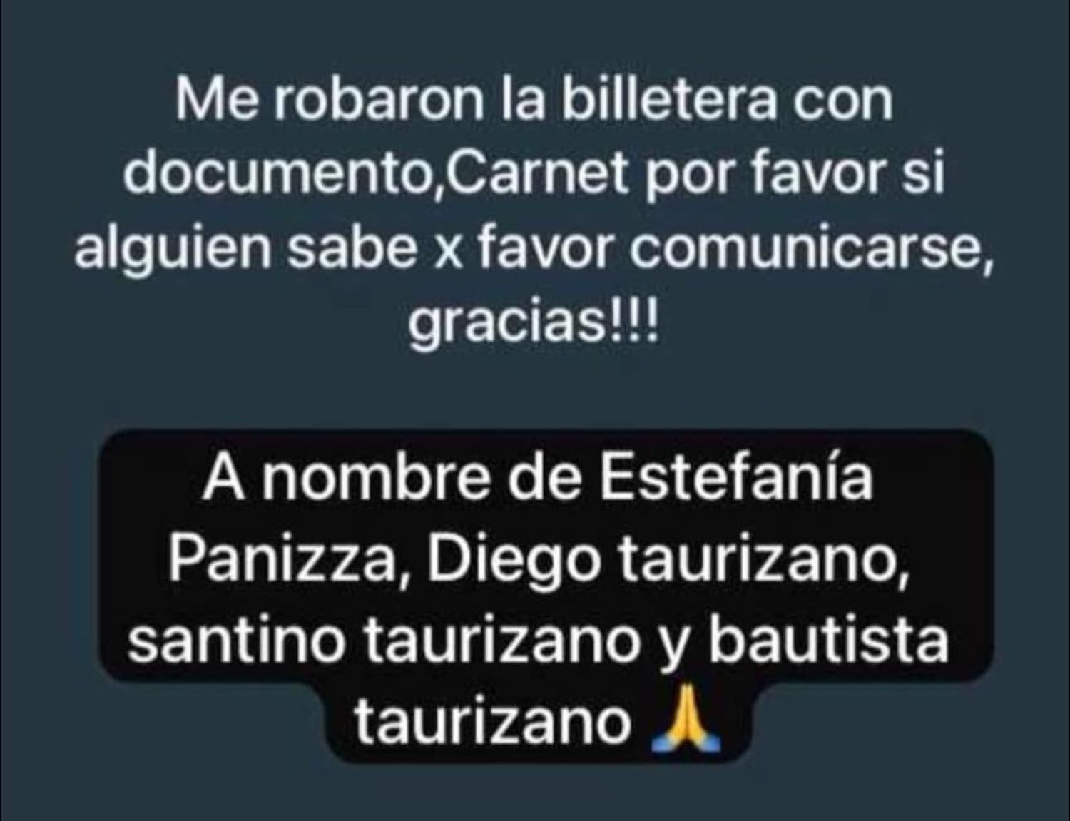 El pedido de la damnificada para que le devuelvan los documentos que le robaron de un Fiat Duna Blanco.