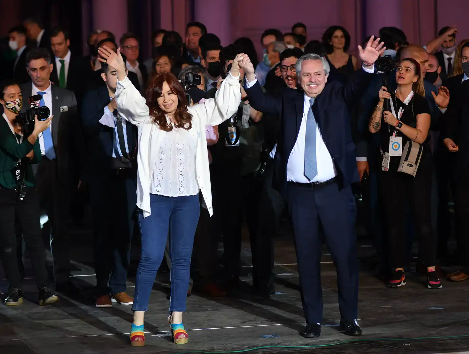 Cristina Kirchner y Alberto Fernández, tras el acto de ayer.