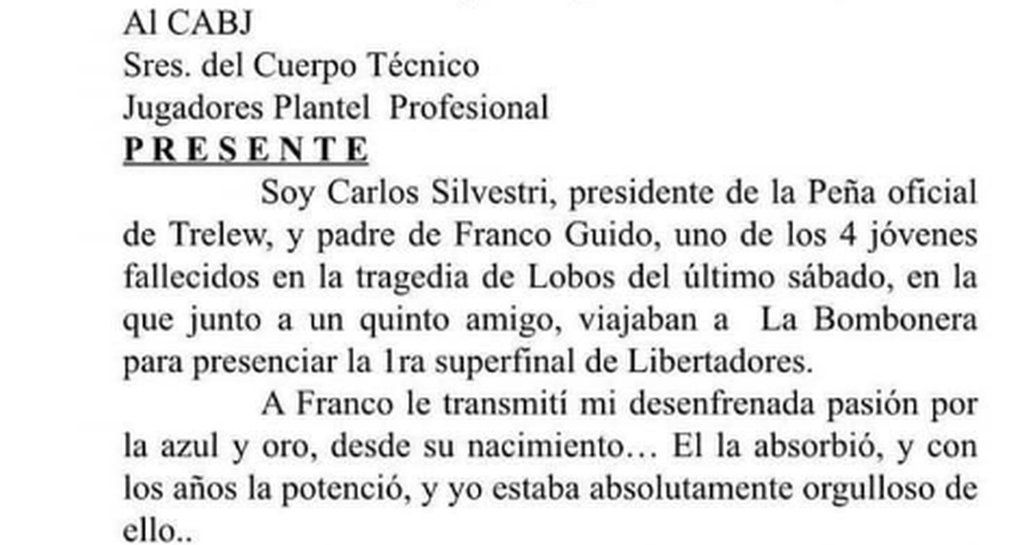 Carta de Carlos Silvestri, padre de uno de los hinchas de Boca fallecidos en Lobos, al plantel xeneize