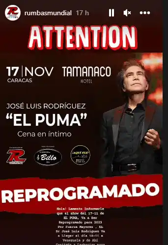 El de El Puma es uno de los conciertos cancelados. Foto Instagram