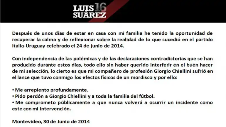 Luis Suárez pidió "perdón a Chiellini y a toda la familia del fútbol"